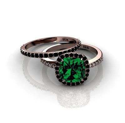 2.00 carat Emerald and Black Moissanite Diamond Halo Bridal Set in 10k Rose Gold