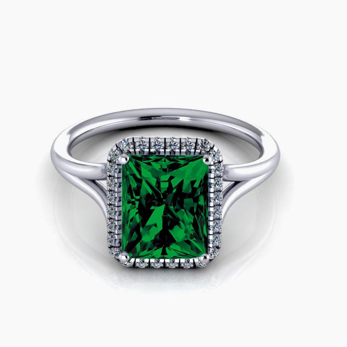 2.00 carat Emerald Cut Emerald and Moissanite Diamond Halo Bridal Set in 10k White Gold