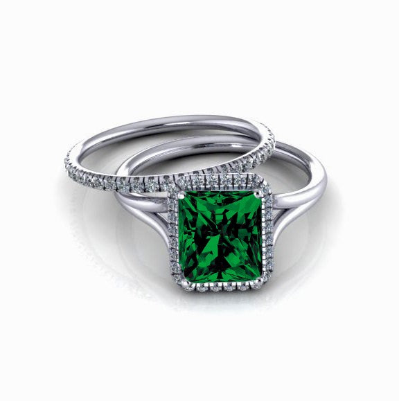 2.00 carat Emerald Cut Emerald and Moissanite Diamond Halo Bridal Set in 10k White Gold