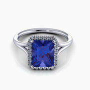 2.00 carat Emerald Cut Sapphire and Moissanite Diamond Halo Bridal Set in 10k White Gold