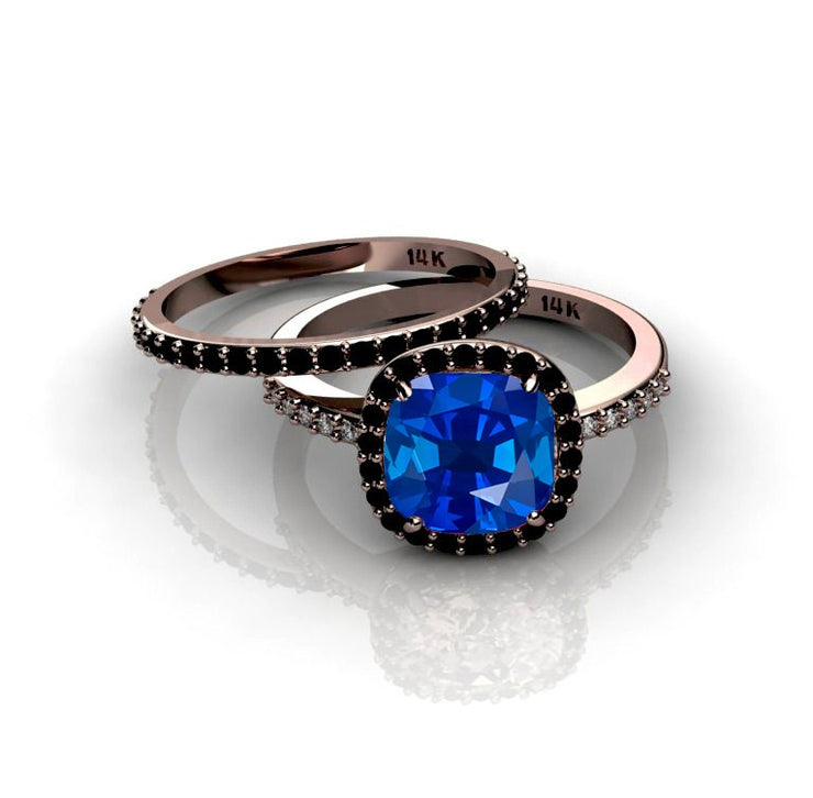 2.00 carat Sapphire and Black Moissanite Diamond Halo Bridal Set in 10k Rose Gold