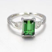 1 Carat Emerald and Moissanite Diamond Engagement Ring in White Gold