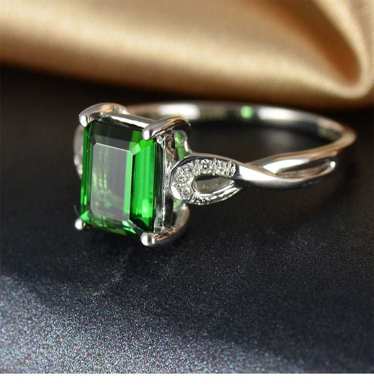 1 Carat Emerald and Moissanite Diamond Engagement Ring in White Gold