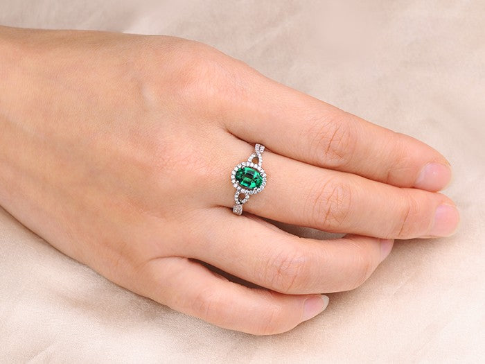 1 Carat Emerald and Moissanite Diamond Halo Engagement Ring in White Gold