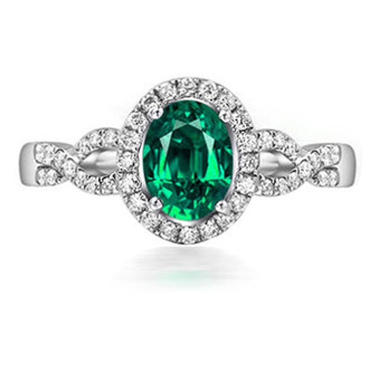 1 Carat Emerald and Moissanite Diamond Halo Engagement Ring in White Gold