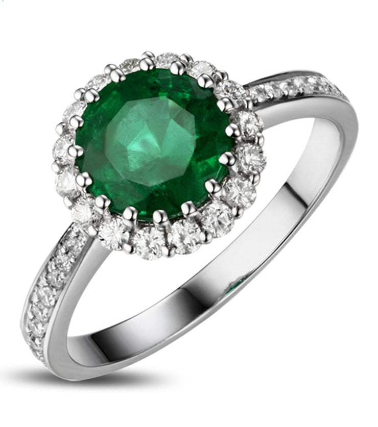 1 Carat Emerald and Moissanite Diamond Halo Engagement Ring in Gold