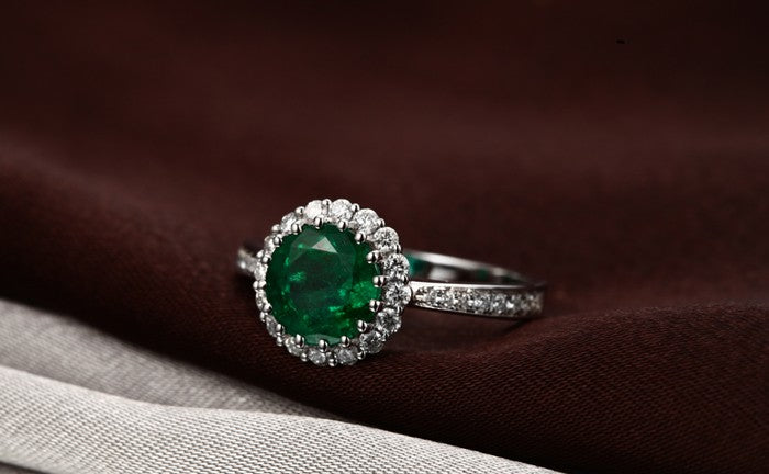 1 Carat Emerald and Moissanite Diamond Halo Engagement Ring in Gold