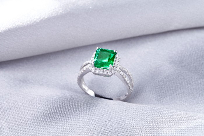 1 Carat princess cut Emerald and Moissanite Diamond Halo Engagement Ring in White Gold