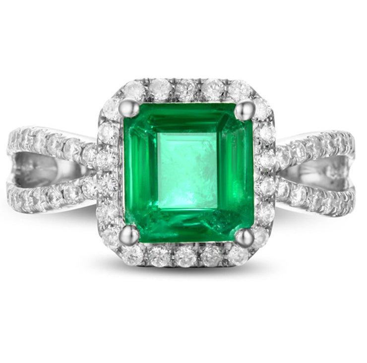 1 Carat princess cut Emerald and Moissanite Diamond Halo Engagement Ring in White Gold