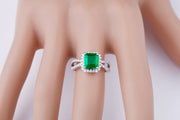 1 Carat princess cut Emerald and Moissanite Diamond Halo Engagement Ring in White Gold