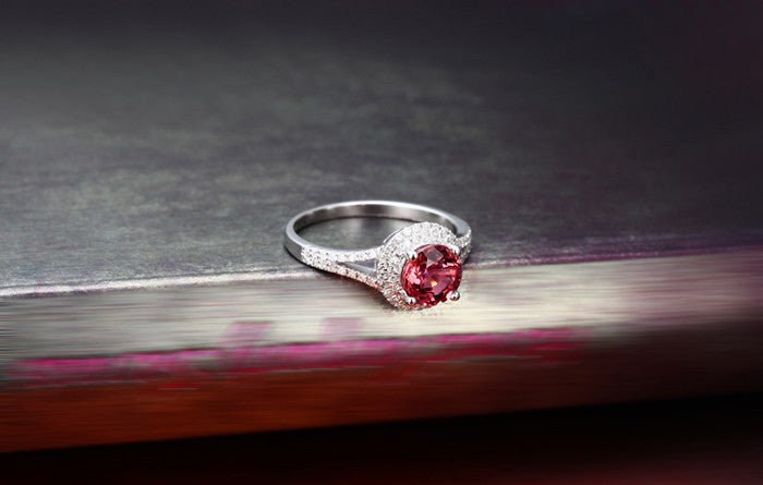 1 Carat Round cut Red Ruby and Moissanite Diamond Halo Engagement Ring in White Gold for Women