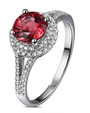 1 Carat Round cut Red Ruby and Moissanite Diamond Halo Engagement Ring in White Gold for Women