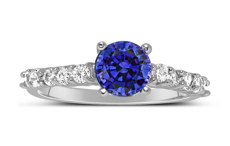 1 Carat Vintage Round cut Blue Sapphire and Moissanite Diamond Engagement Ring in Gold