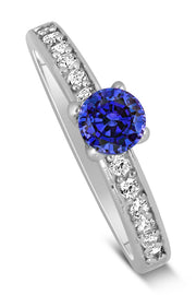 1 Carat Vintage Round cut Blue Sapphire and Moissanite Diamond Engagement Ring in White Gold