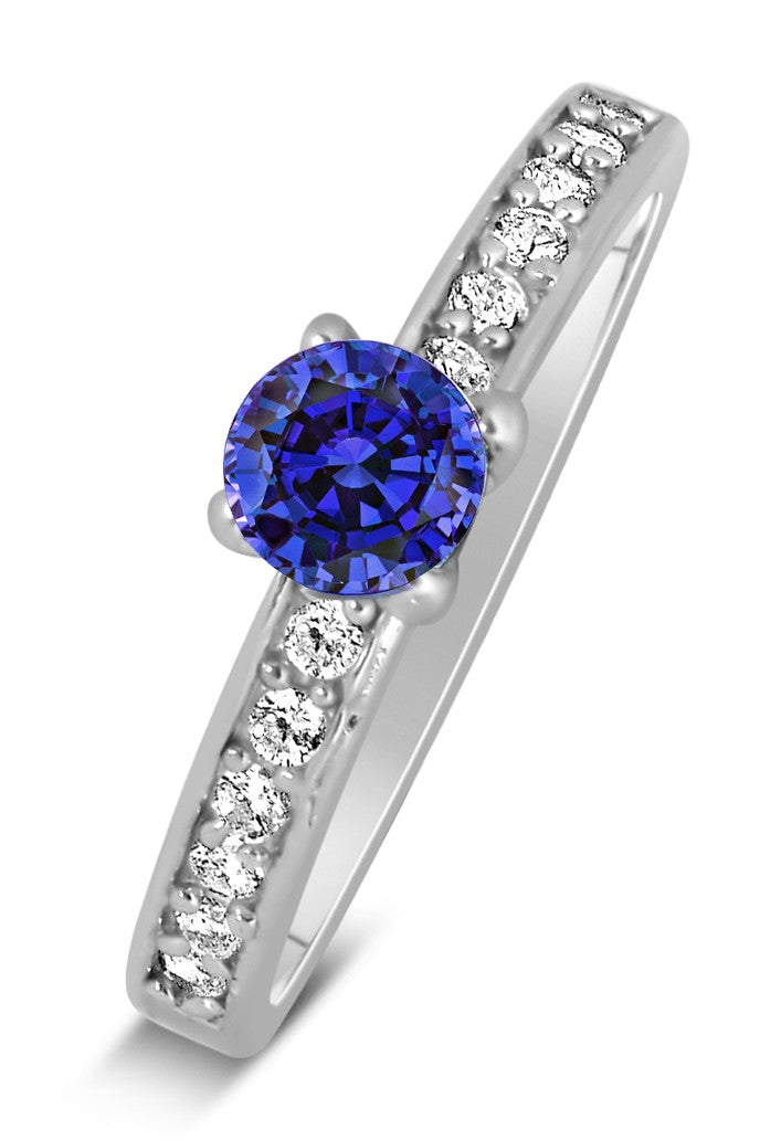 1 Carat Vintage Round cut Blue Sapphire and Moissanite Diamond Engagement Ring in White Gold