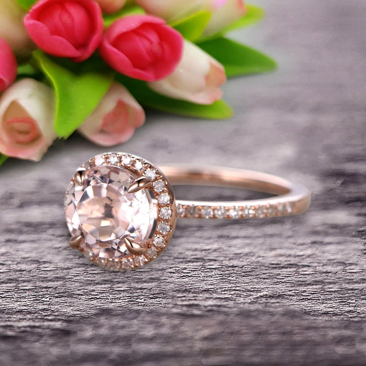 Round Cut 1.50 Carat Morganite Engagement Ring Wedding Ring On 10k Rose Gold Halo Art Deco Anniversary Gift