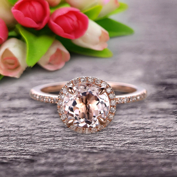 Round Cut 1.50 Carat Morganite Engagement Ring Wedding Ring On 10k Rose Gold Halo Art Deco Anniversary Gift