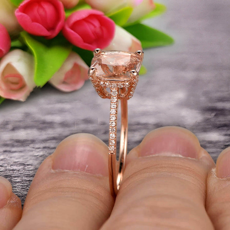 Cushion Cut 1.50 Carat Morganite Engagement Ring Wedding Ring 10k Rose Gold Unique Basket Prongs