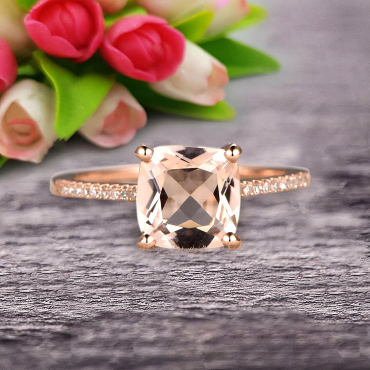 Cushion Cut 1.50 Carat Morganite Engagement Ring Wedding Ring 10k Rose Gold Unique Basket Prongs