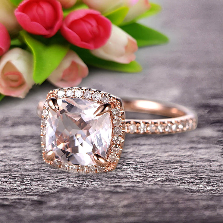 1.75 Carat Cushion Cut Morganite Engagement Ring Wedding Ring Promise Ring 10k Rose Gold Claw Prong Stacking Band Anniversary Gift