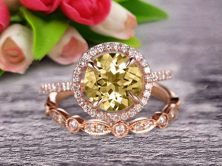 Milgrain 1.75 Carat Round Cut Champagne Diamond Moissanite Wedding Set Engagement Bridal Ring 10k Rose Gold Marquise Matching Band