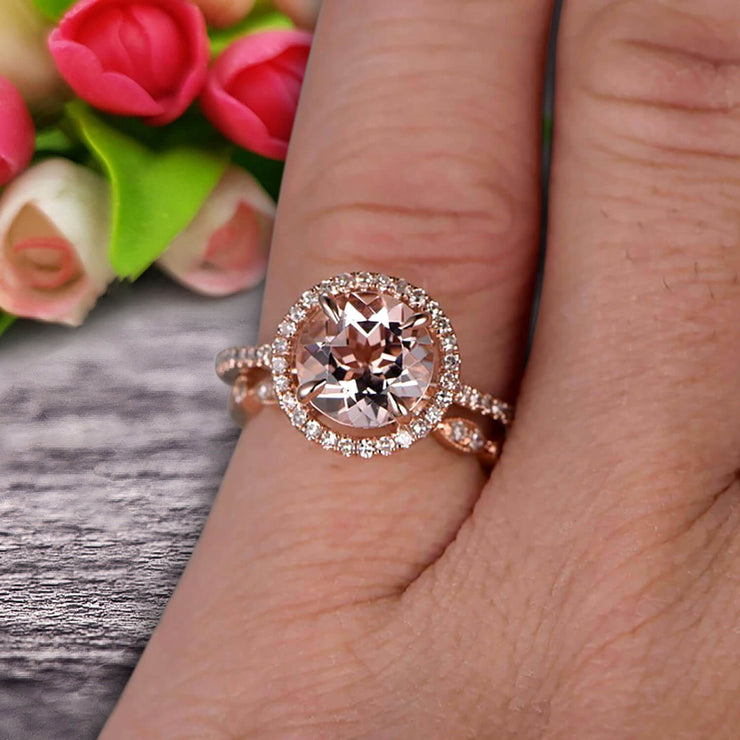 Milgrain 1.75 Carat Round Cut Morganite Wedding Set Engagement Bridal Ring 10k Rose Gold Marquise Matching Band