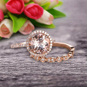 Milgrain 1.75 Carat Round Cut Morganite Wedding Set Engagement Bridal Ring 10k Rose Gold Marquise Matching Band