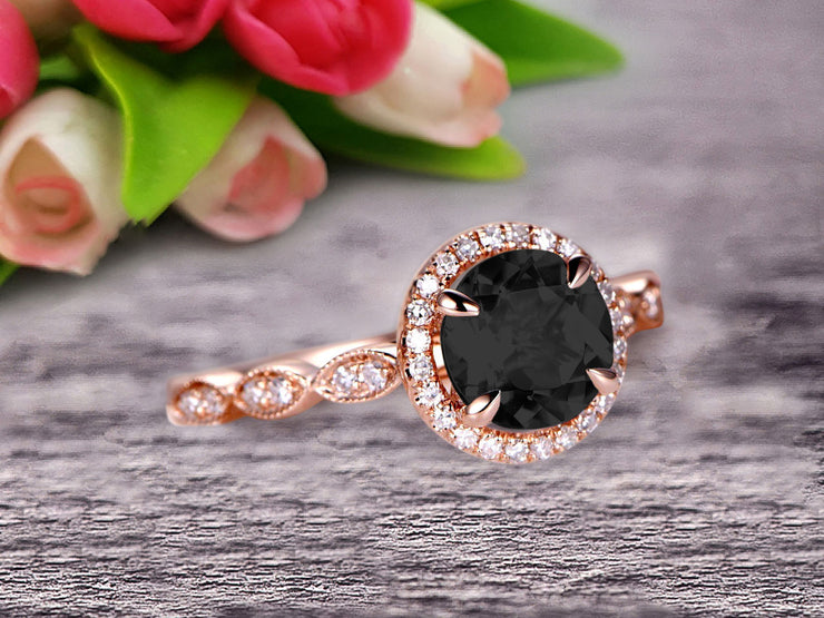 1.50 Carat Round Cut Gemstone Black Diamond Moissanite Engagemrnt Ring Pink Black Diamond Moissanite Ring On 10k Rose Gold Promise Ring