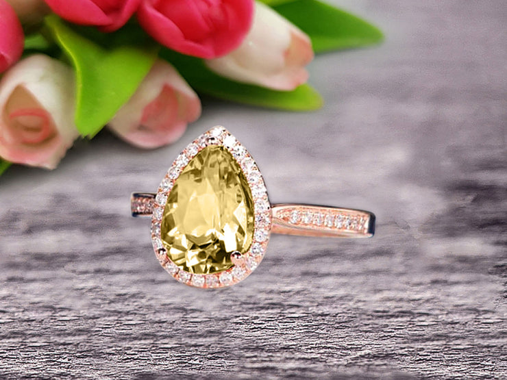 Pear Shape 1.50 Carat Champagne Diamond Moissanite Engagement Ring On 10k Rose Gold Halo Wedding Anniversary Promise Bridal Eternity Ring