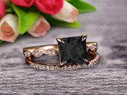 1.50 Carat Princess Cut Black Diamond Moissanite 10k Rose Gold Wedding Set Engagement Ring Art Deco Stacking Matching Wedding Band