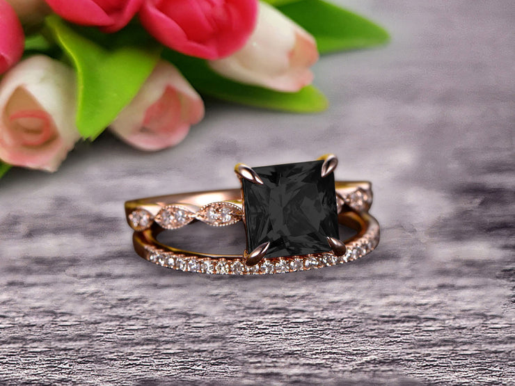 1.50 Carat Princess Cut Black Diamond Moissanite 10k Rose Gold Wedding Set Engagement Ring Art Deco Stacking Matching Wedding Band