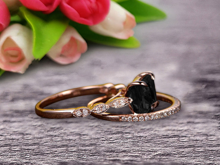 1.50 Carat Princess Cut Black Diamond Moissanite 10k Rose Gold Wedding Set Engagement Ring Art Deco Stacking Matching Wedding Band