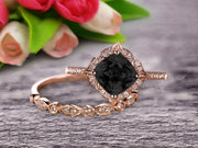 Imaginative Bridal Set Cushion Cut 1.75 Carat Black Diamond Moissanite Wedding Set Engagement Ring 10k Rose Gold Retro Vintage Floral Marquise Matching Band