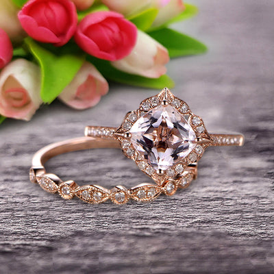 Imaginative Bridal Set Cushion Cut 1.75 Carat Morganite Wedding Set Engagement Ring 10k Rose Gold Retro Vintage Floral Marquise Matching Band