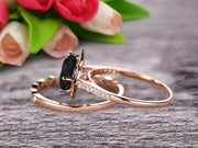 Imaginative Bridal Set Cushion Cut 1.75 Carat Black Diamond Moissanite Wedding Set Engagement Ring 10k Rose Gold Retro Vintage Floral Marquise Matching Band