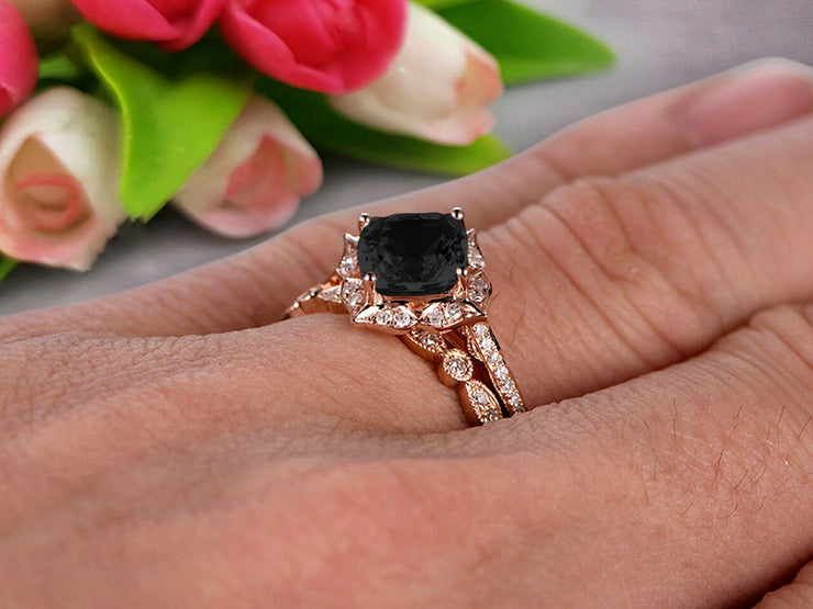 Imaginative Bridal Set Cushion Cut 1.75 Carat Black Diamond Moissanite Wedding Set Engagement Ring 10k Rose Gold Retro Vintage Floral Marquise Matching Band