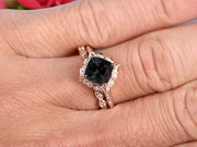 Imaginative Bridal Set Cushion Cut 1.75 Carat Black Diamond Moissanite Wedding Set Engagement Ring 10k Rose Gold Retro Vintage Floral Marquise Matching Band