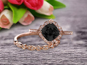 Imaginative Bridal Set Cushion Cut 1.75 Carat Black Diamond Moissanite Wedding Set Engagement Ring 10k Rose Gold Retro Vintage Floral Marquise Matching Band