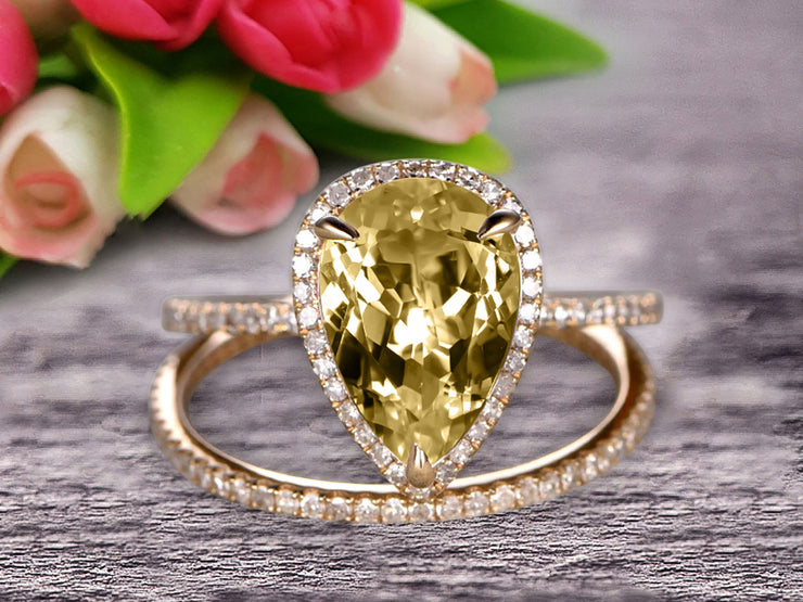 Bridal Ring Pear Shape 1.75 Carat Champagne Diamond Moissanite Wedding Ring Set Engagement Ring 10k Yellow Gold Claw Prong Halo Matching Band Vintage looking