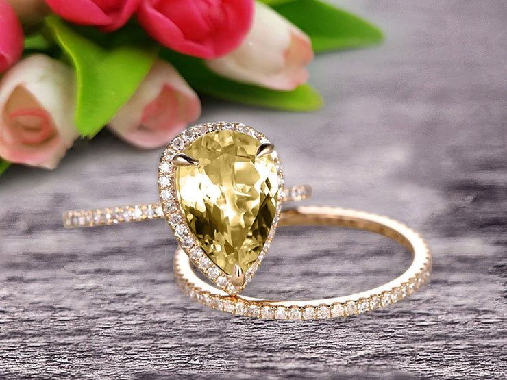 Bridal Ring Pear Shape 1.75 Carat Champagne Diamond Moissanite Wedding Ring Set Engagement Ring 10k Yellow Gold Claw Prong Halo Matching Band Vintage looking