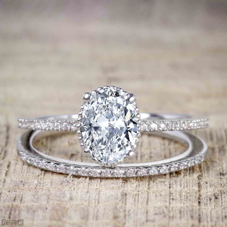 Art Deco 1.25 Carat Oval cut Moissanite and Diamond Wedding Ring Set