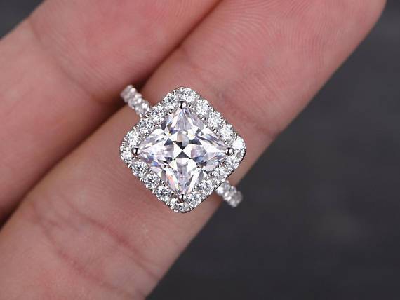 Art Deco 1.50 Carat Halo Moissanite & Diamond Engagement Ring in White Gold
