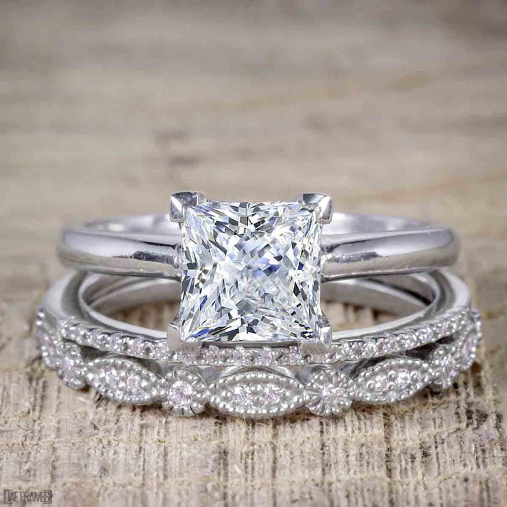 1.50 Carat Moissanite and Diamond Trio Bridal Ring Set in 10k White Gold
