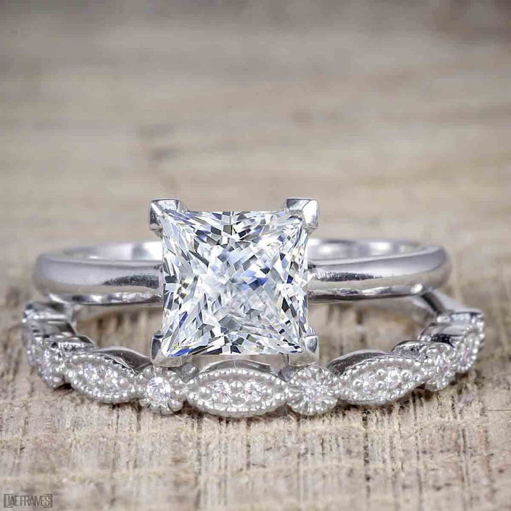 1.50 Carat Moissanite and Diamond Trio Bridal Ring Set in 10k White Gold
