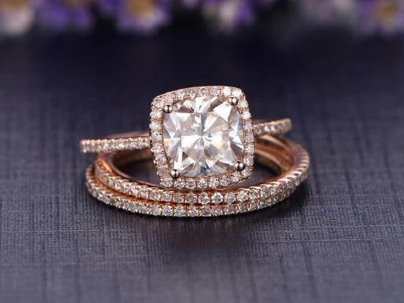 2 Carat Moissanite Halo Diamond Trio Ring Set in 10k Rose Gold on Sale