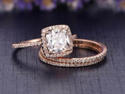 2 Carat Moissanite Halo Diamond Trio Ring Set in 10k Rose Gold on Sale