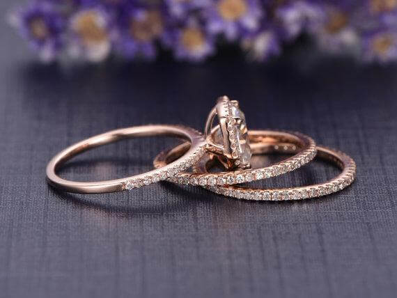 2 Carat Moissanite Halo Diamond Trio Ring Set in 10k Rose Gold on Sale