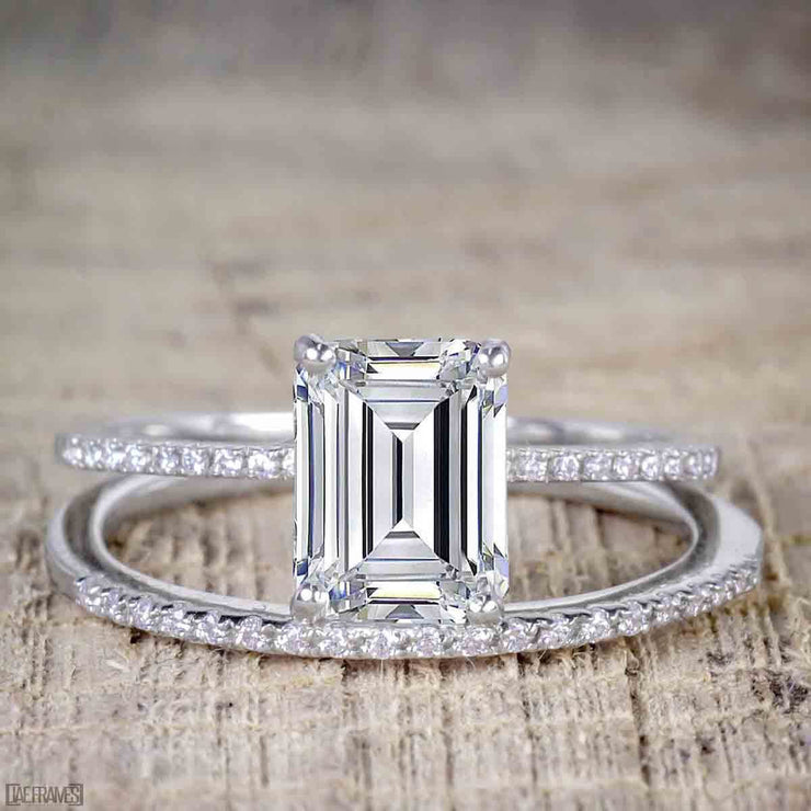 1.25 Carat Emerald cut Moissanite & Diamond Bridal Ring Set in White Gold
