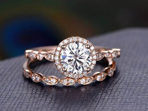 2 Carat Halo Moissanite and Diamond Wedding Ring set in 10k Rose Gold
