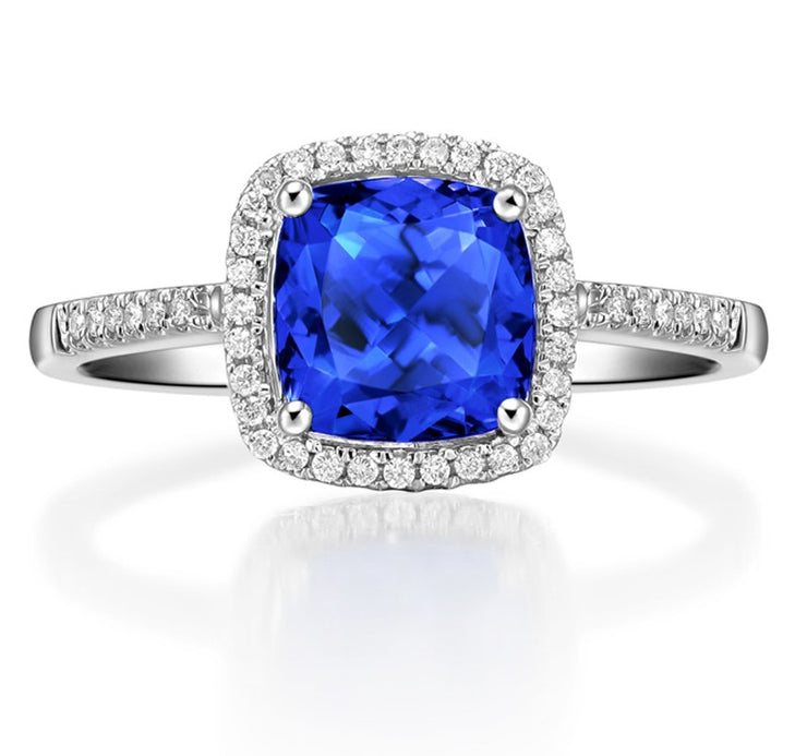 2 Carat cushion cut Blue Sapphire and Moissanite Diamond Halo Engagement Ring in White Gold